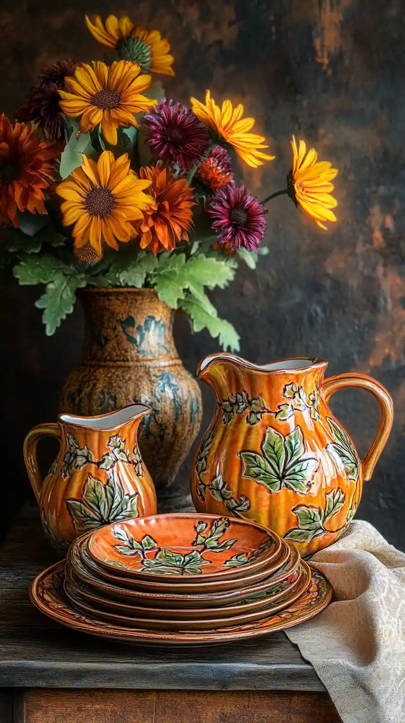 Autumn Ceramic Serving Dishes On Rustic Dining Table
