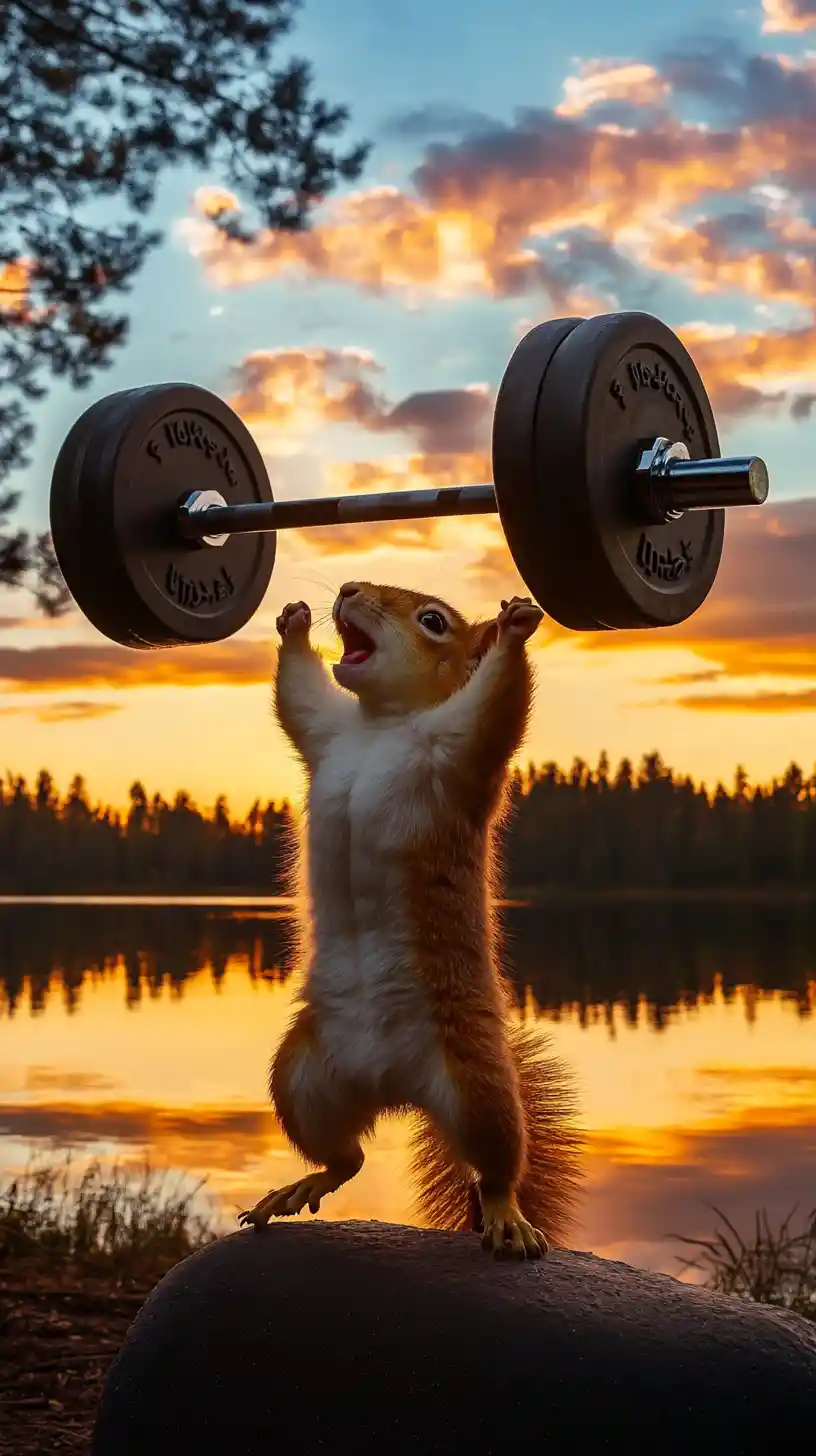 Strong squirrel lifting barbell at sunset by the lake