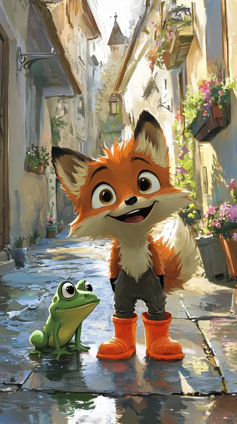Cheerful young fox with frog on rainy cobblestone street