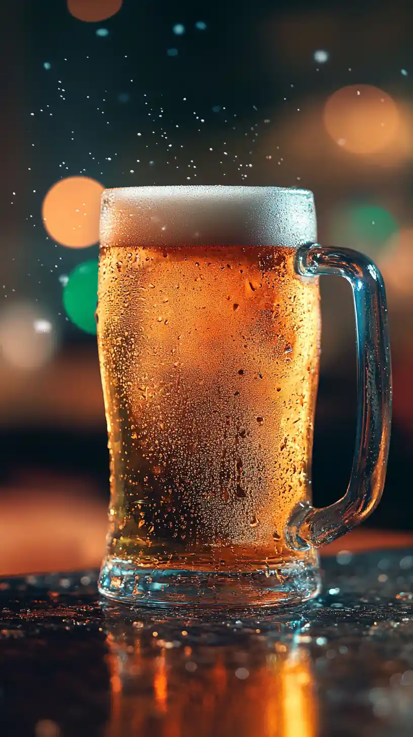 Backlit frosty beer glass on a glossy bar counter