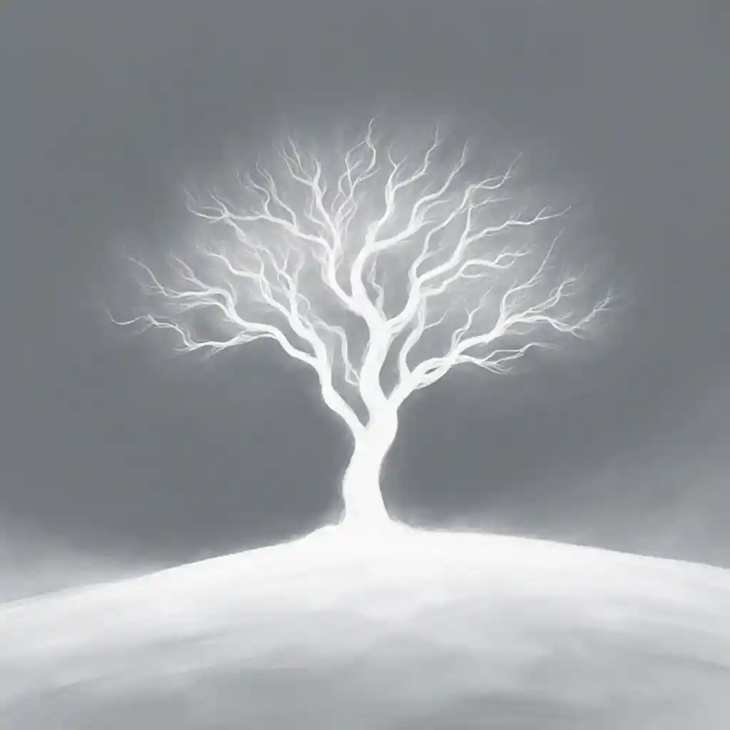 Luminous white tree silhouette in a minimal desert scene