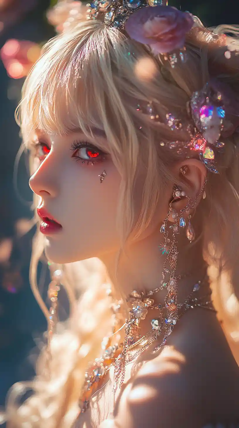 Anime girl with blonde multicolored hair and jewelry portrait