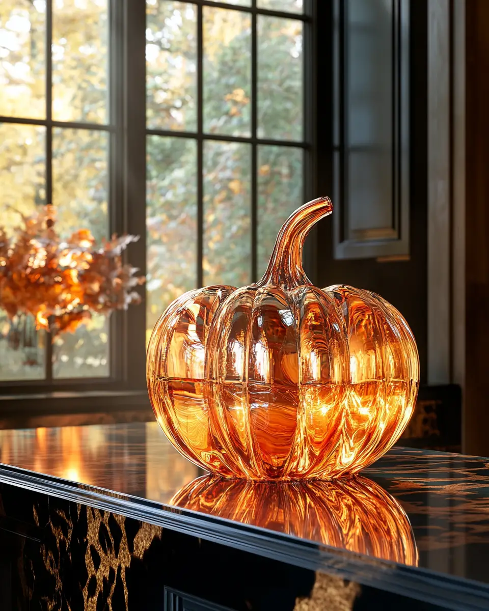 Glass orange pumpkin glowing on dark countertop