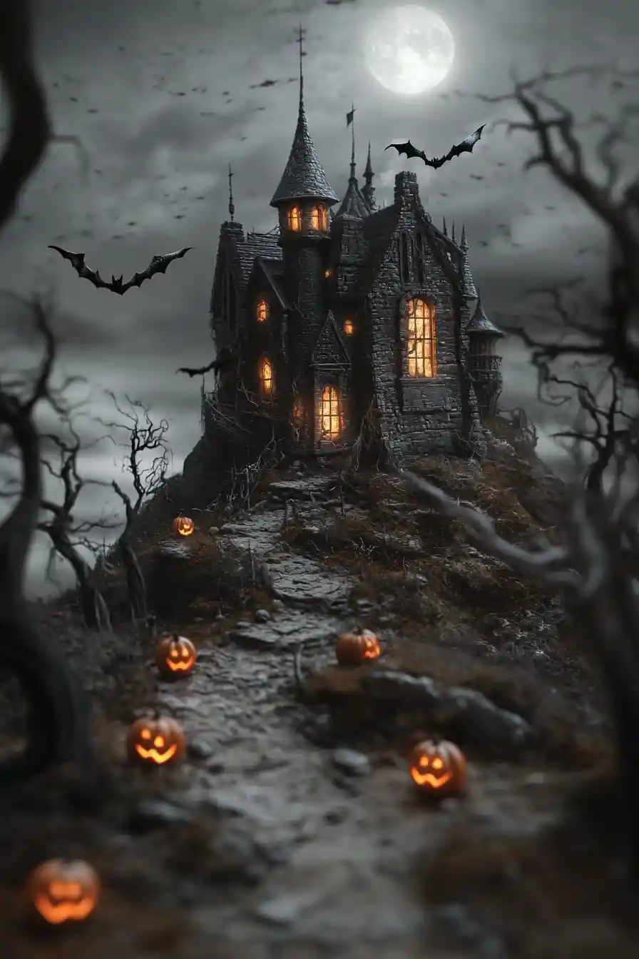 Haunted castle on a moonlit hill with glowing windows