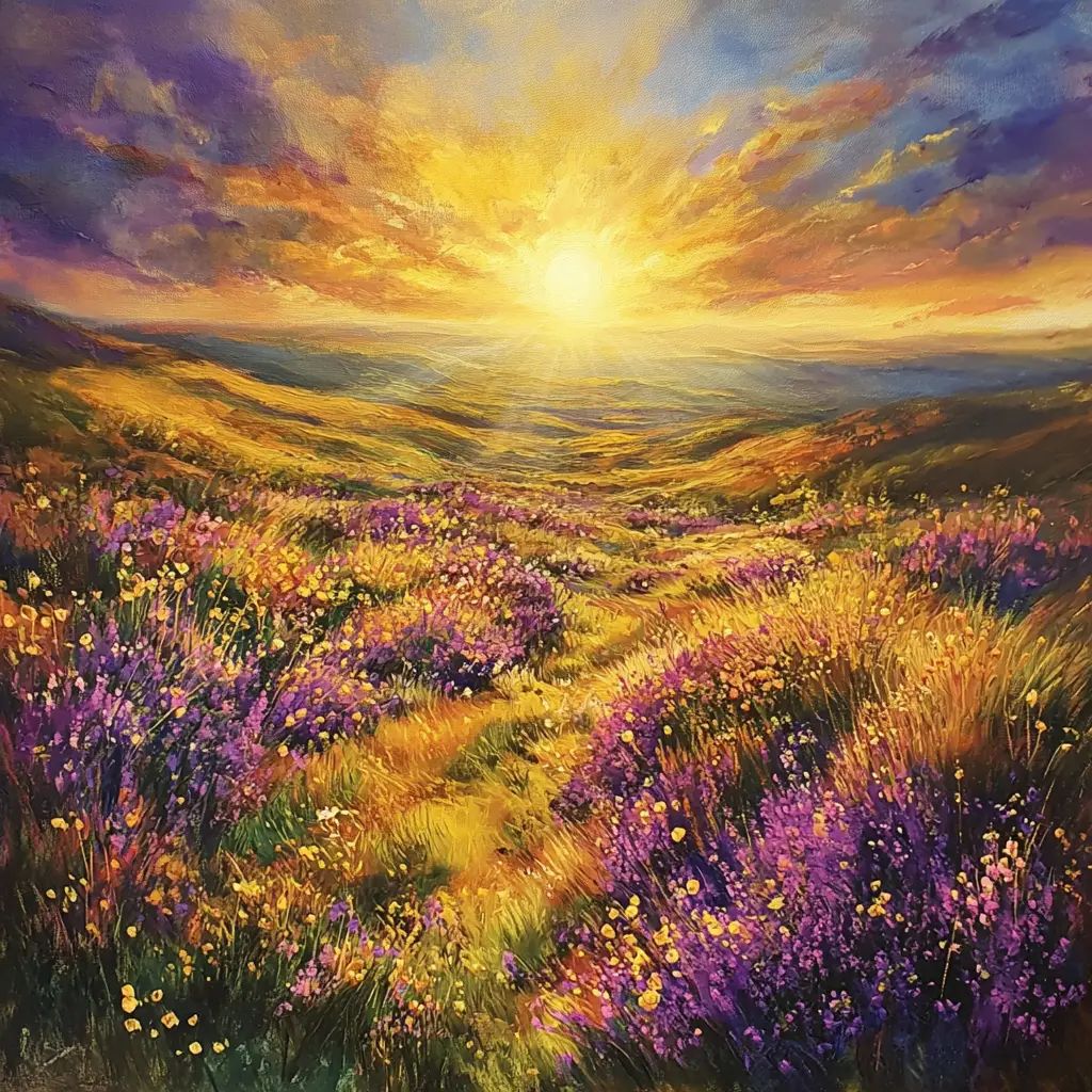 Sunrise Over Scottish Moorland With Heather And Gorse