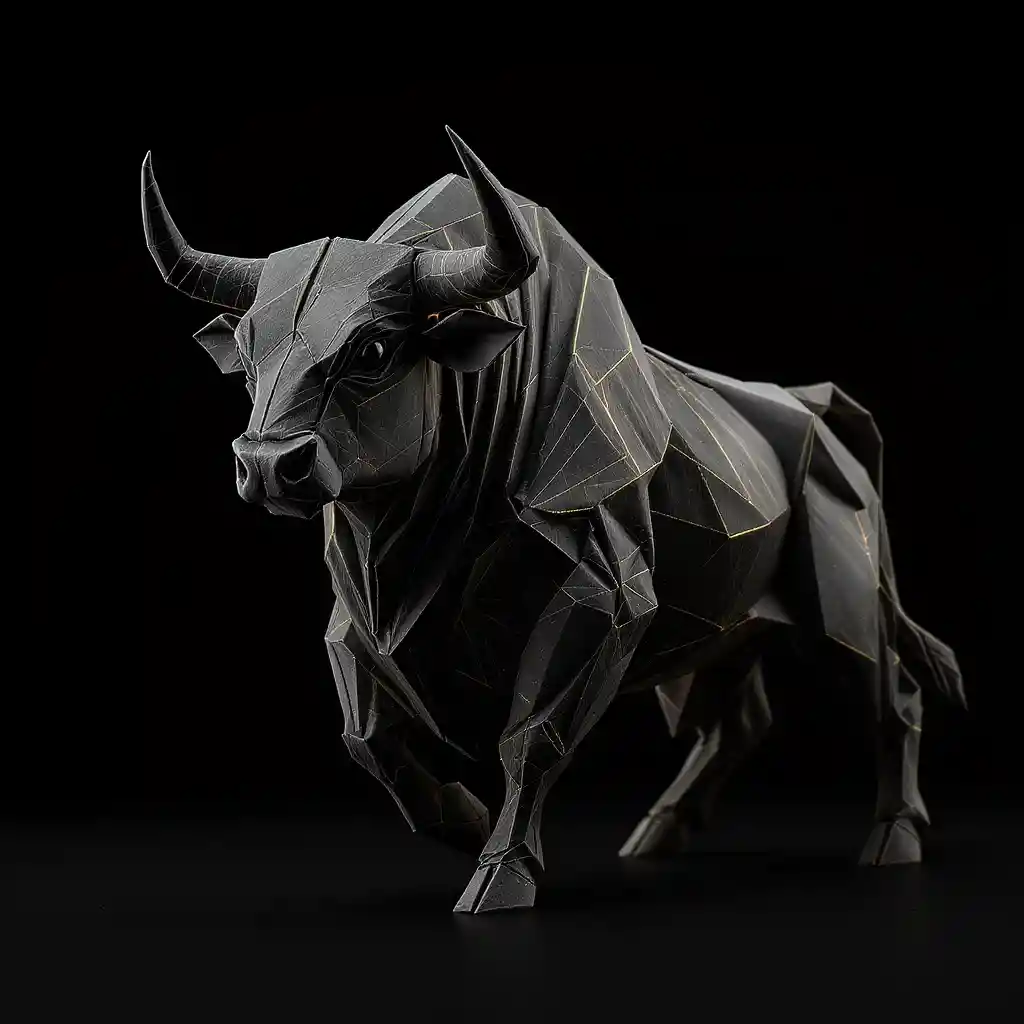 Cinematic origami bull in black with gold highlights