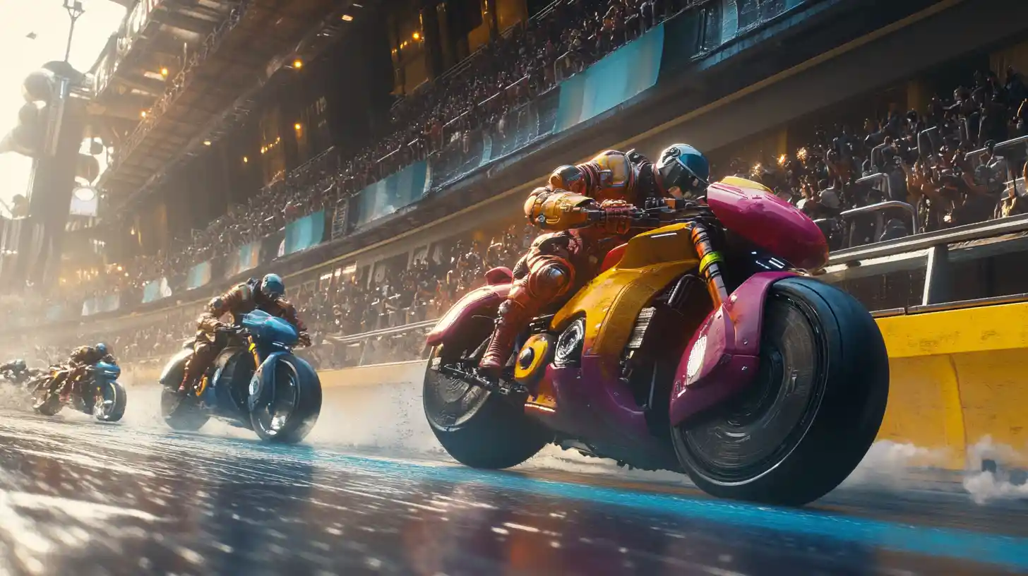 Colorful steampunk robots racing futuristic motorcycles in arena