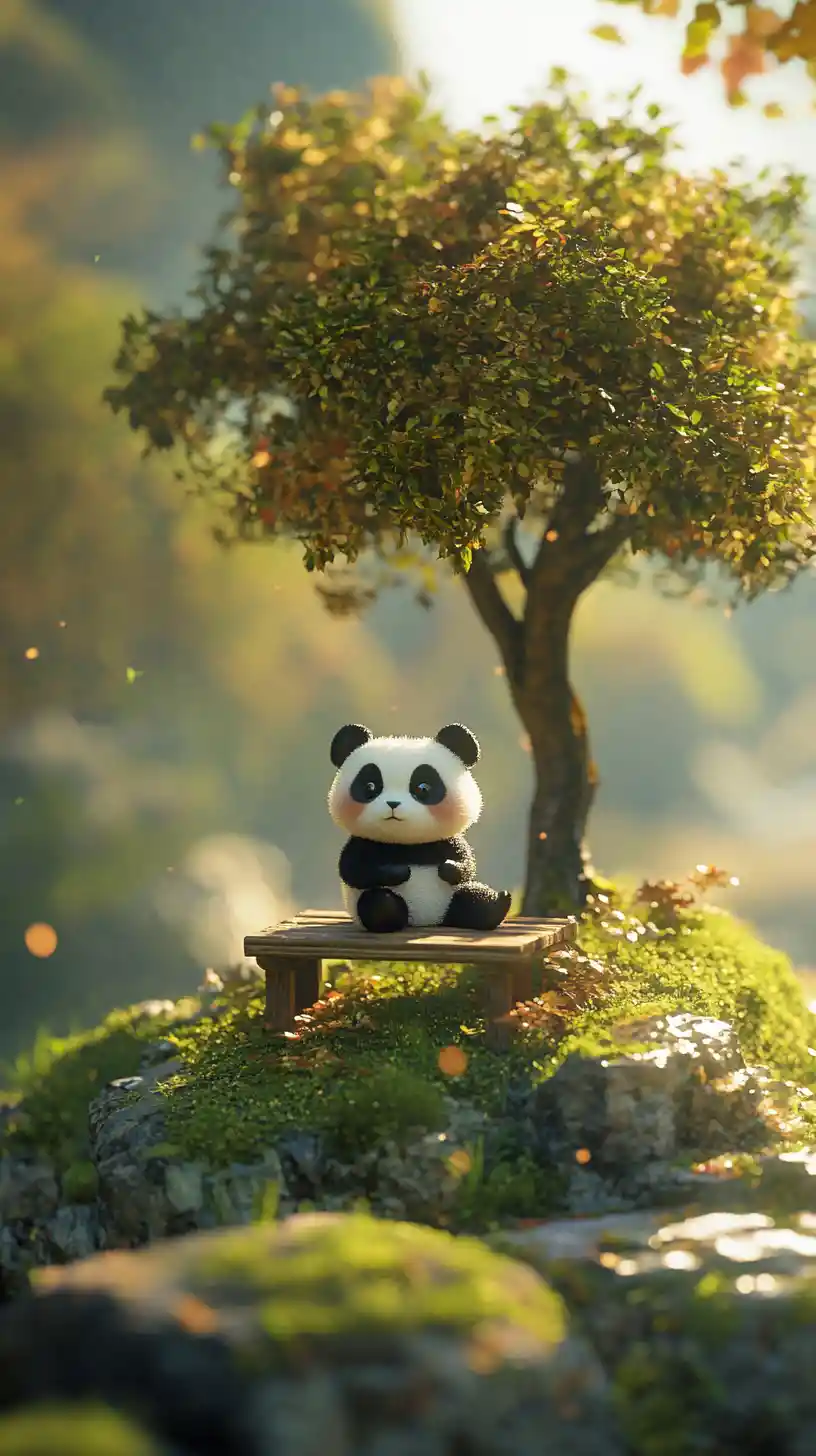 Rear view panda on a bench in a magical park