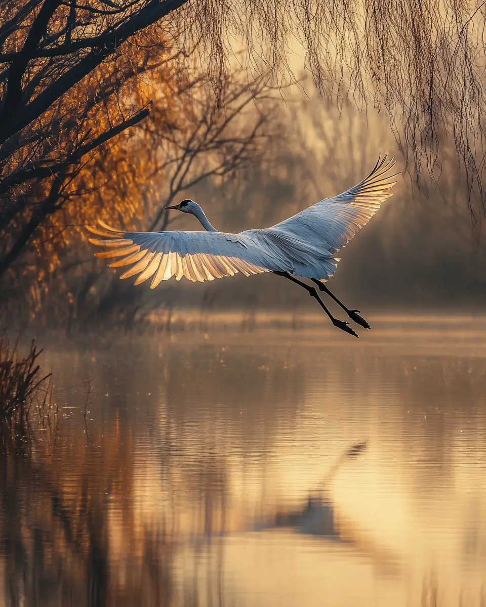 Ancient crane flying over golden danube delta wetlands