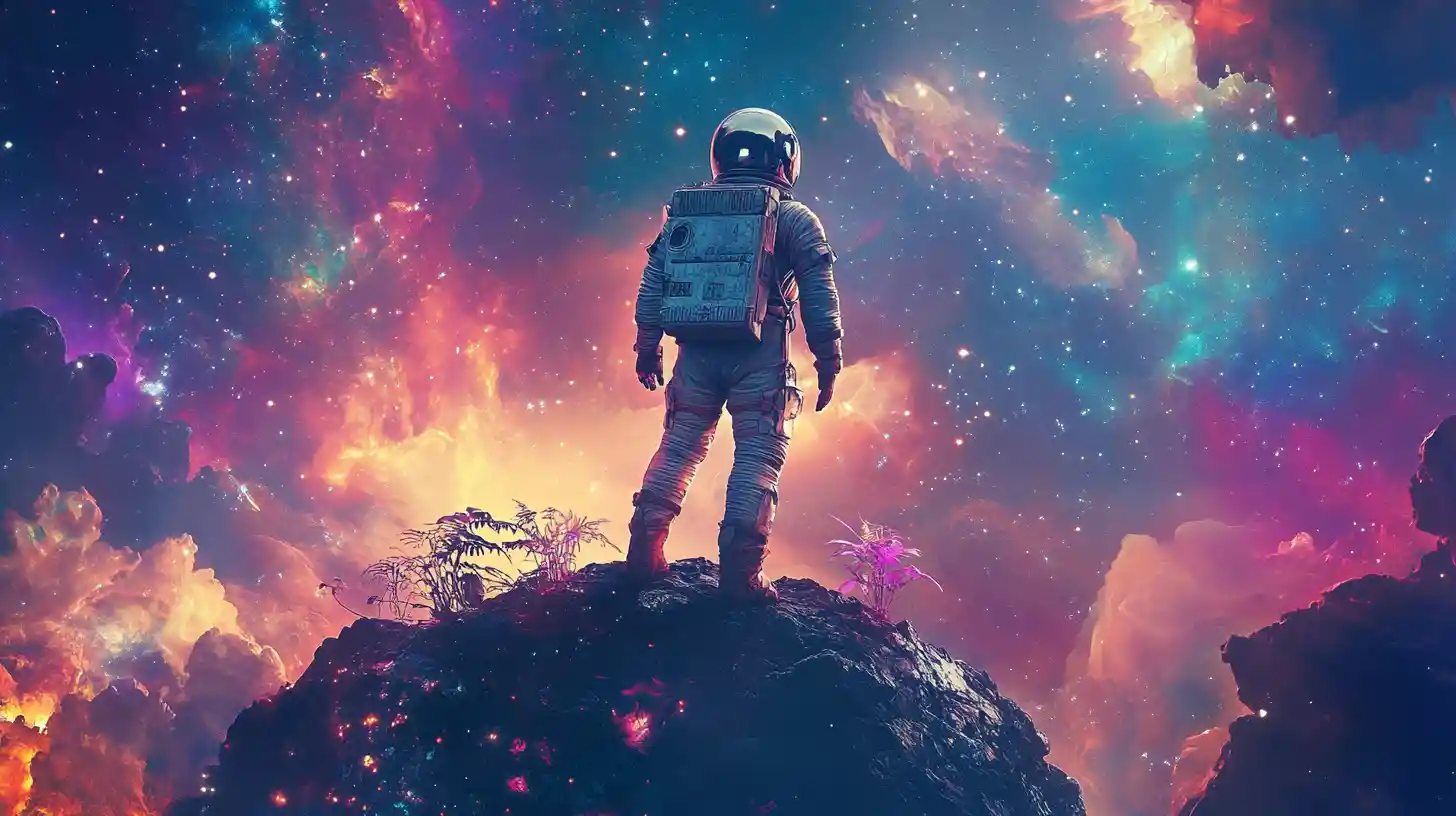 Lone Astronaut On Asteroid Under Glowing Cosmic Nebula