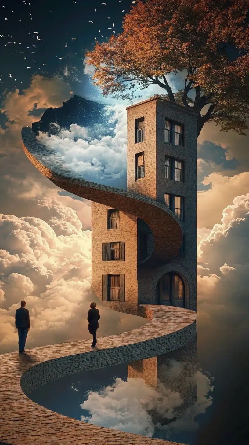Surreal optical illusion scene with multiple overlapping images