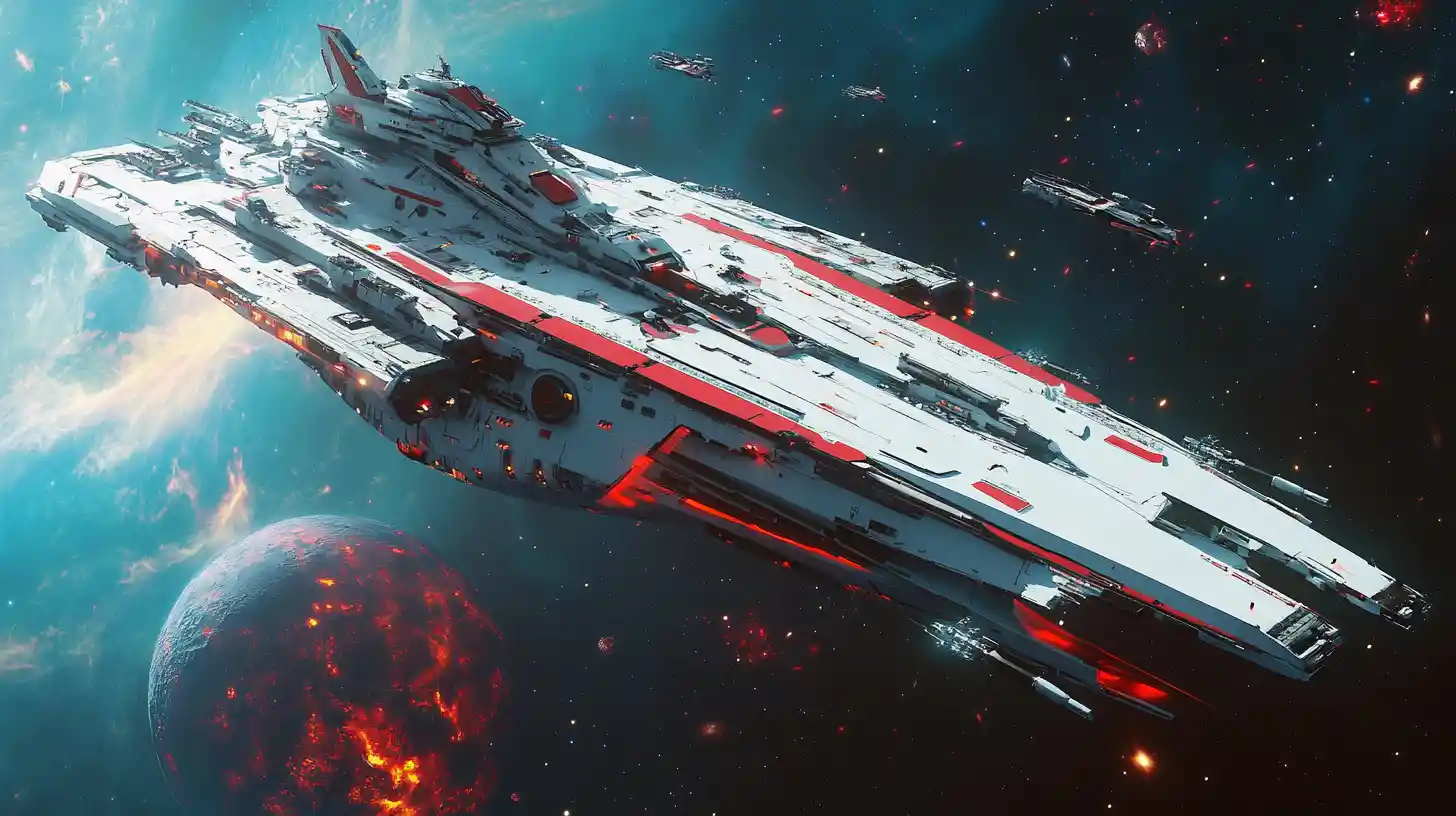 Futuristic white space carrier cruising through outer space