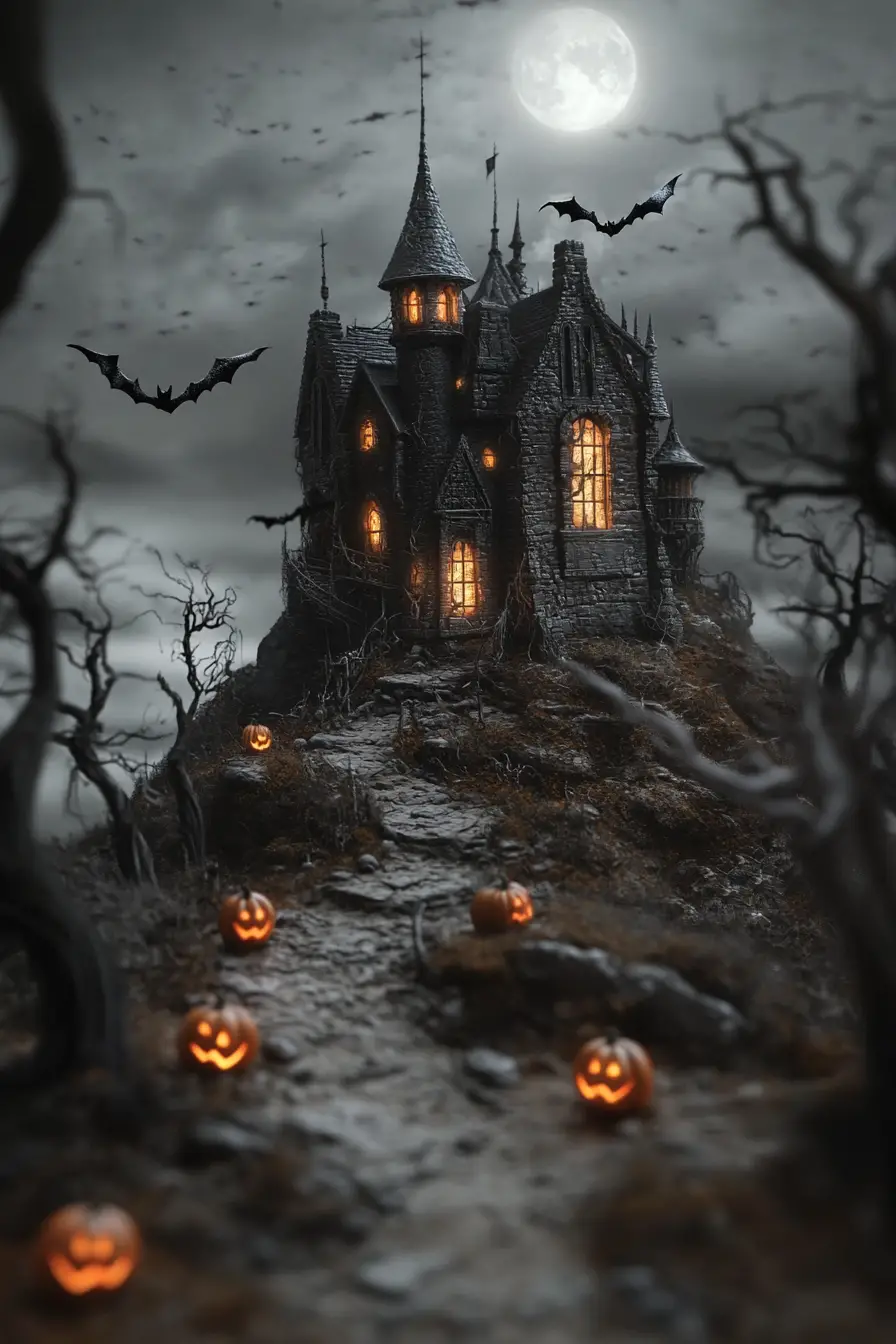 Haunted castle on a moonlit hill with glowing windows