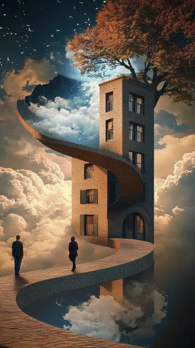 Surreal optical illusion scene with multiple overlapping images