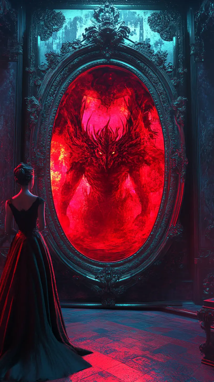 Princess gazing into a mirror revealing a red demon