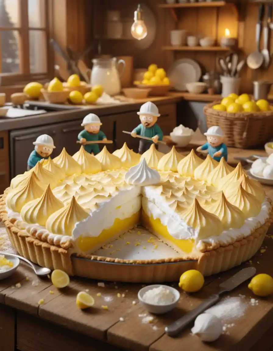 Giant lemon pie with tiny cartoon workers in kitchen
