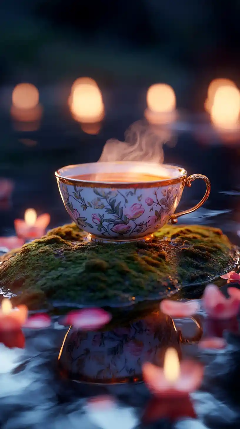 Vintage teacup of hot tea by moonlit water