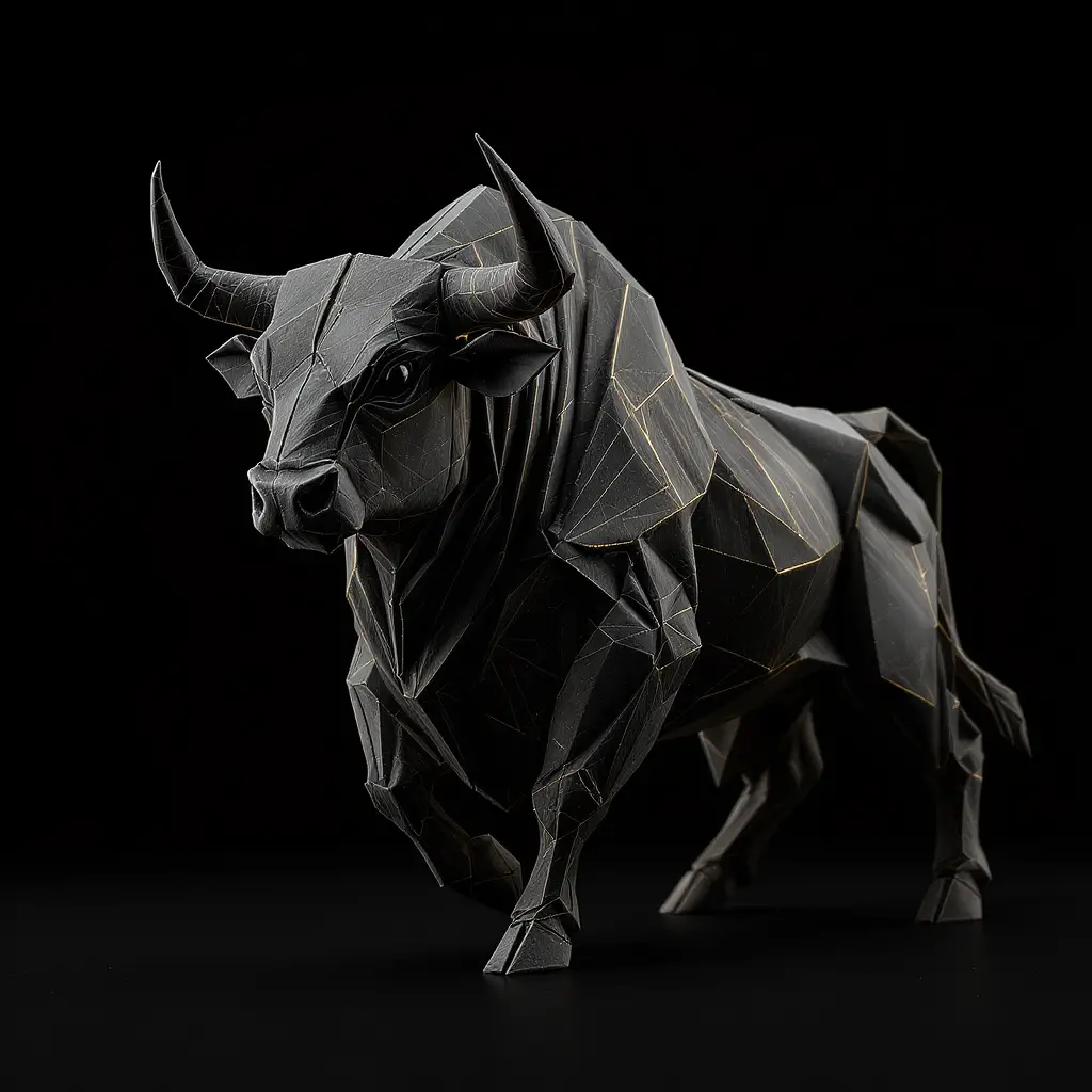 Cinematic origami bull in black with gold highlights