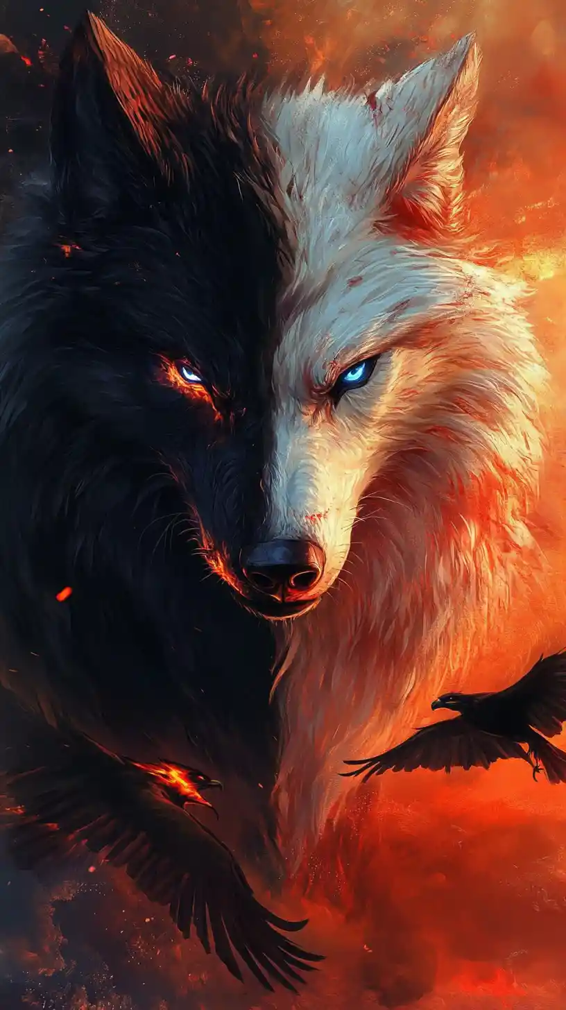 Wolf and eagle in a fiery apocalyptic battle scene