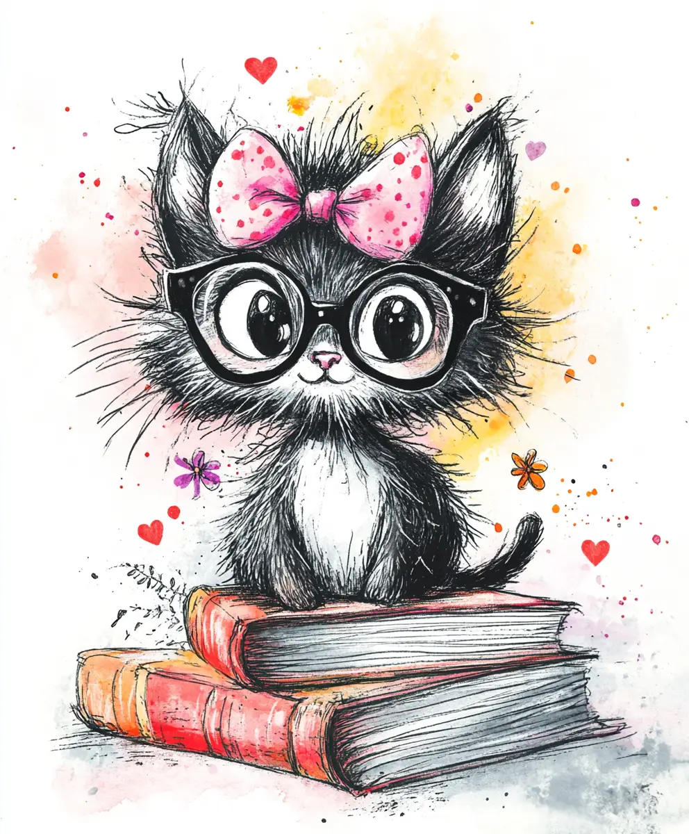Whimsical kitten with glasses sitting on vintage books