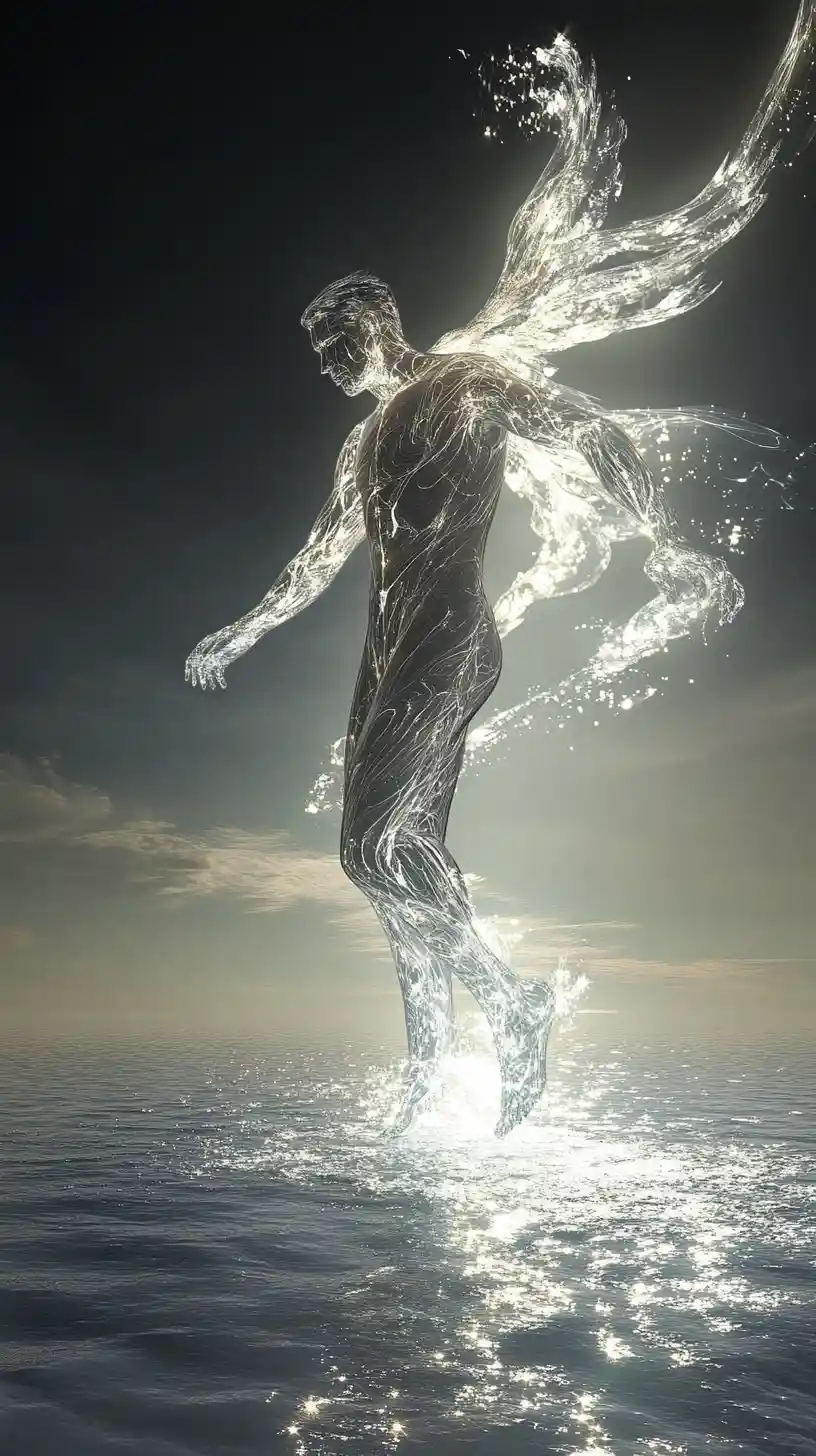 Glowing muscular man dancing on the ocean surface