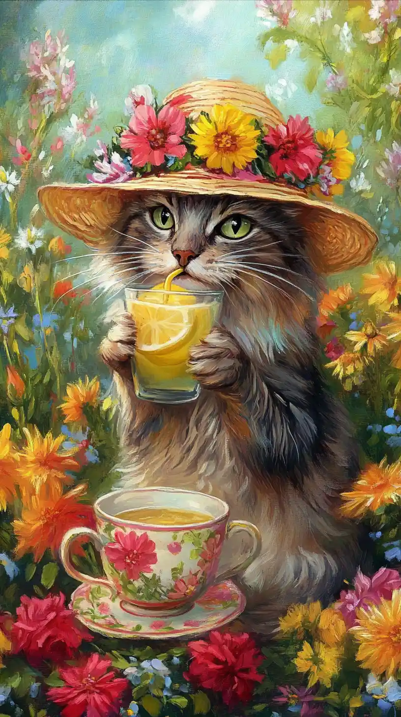 Cute cat sipping lemonade in a yellow flower garden