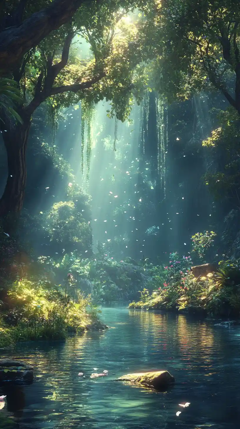 Mystical fantasy landscape with lush nature and water