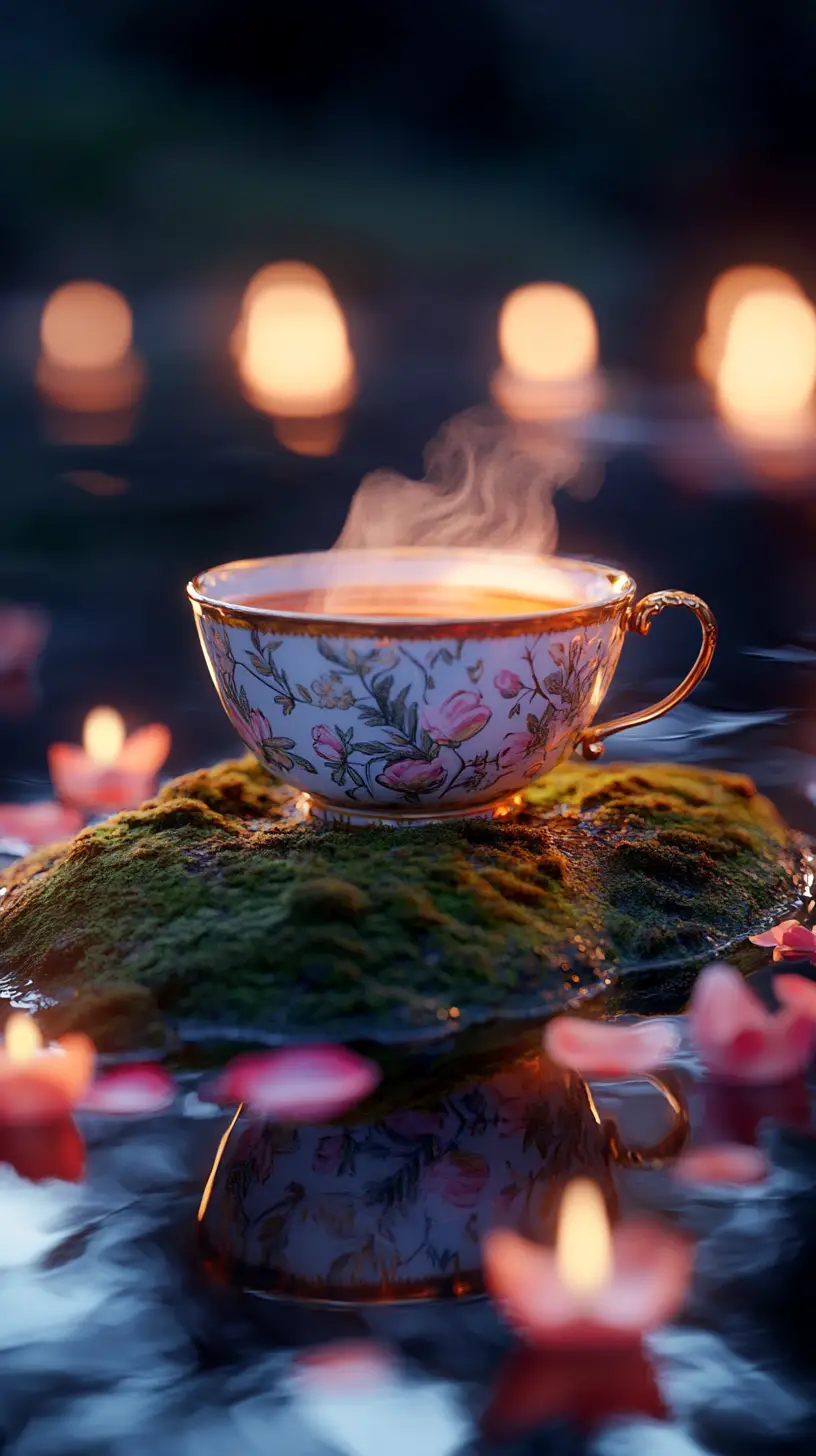 Vintage teacup of hot tea by moonlit water