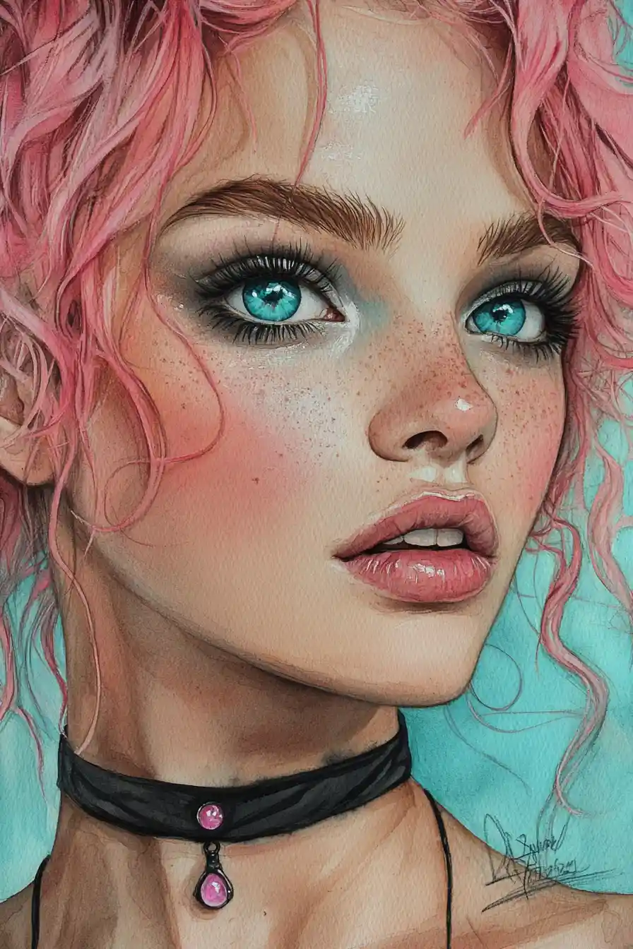 Close up portrait of woman with pink curls
