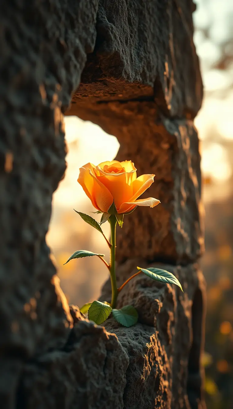 Single rose blooming through rough stone wall