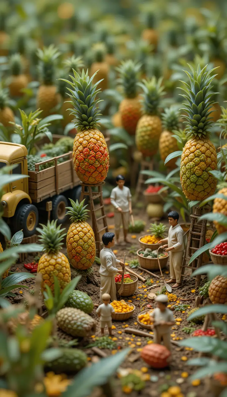 Miniature Egyptian farmers harvesting giant colorful ananas