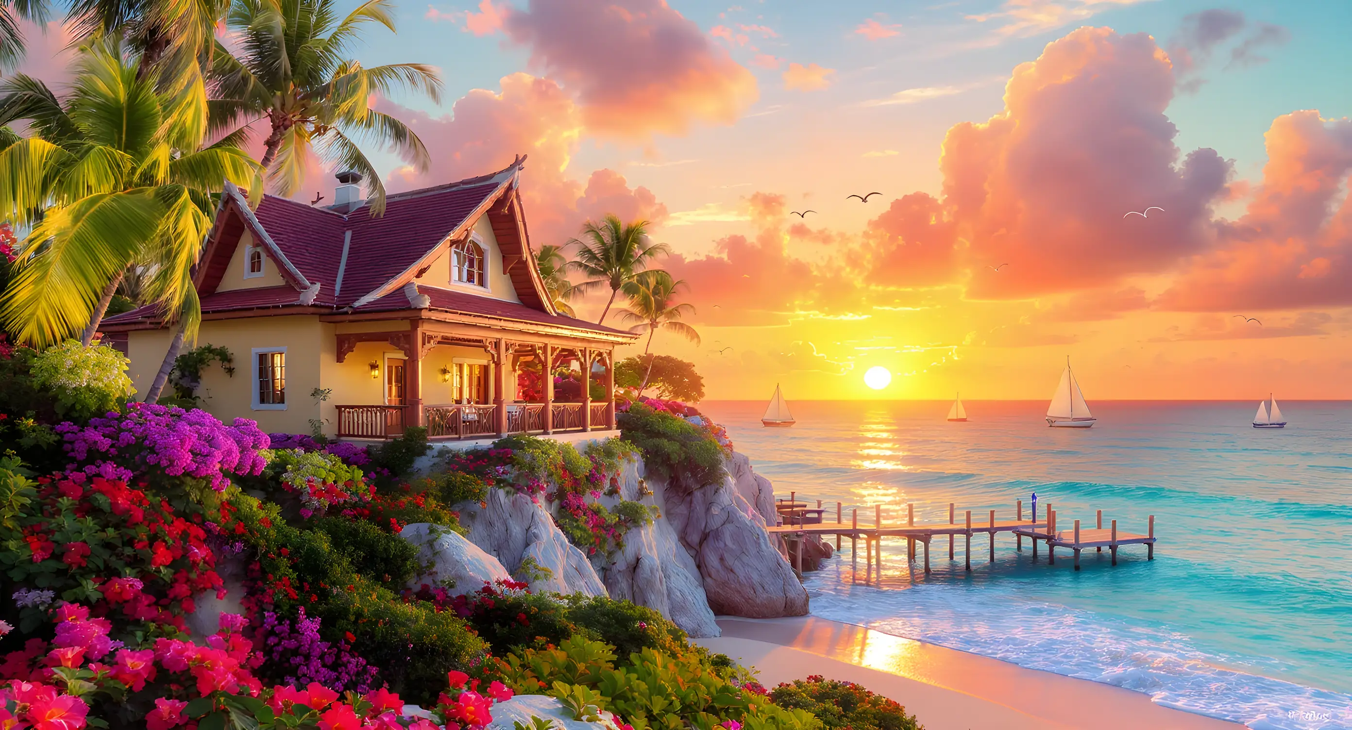 Tropical cliffside villa overlooking a serene sunset beach