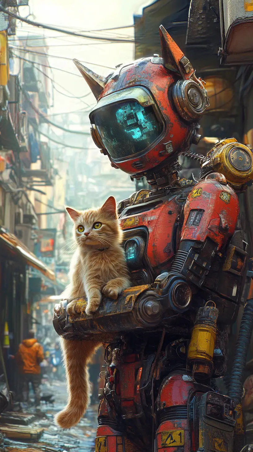 Steampunk robot carrying a realistic cat through slum streets