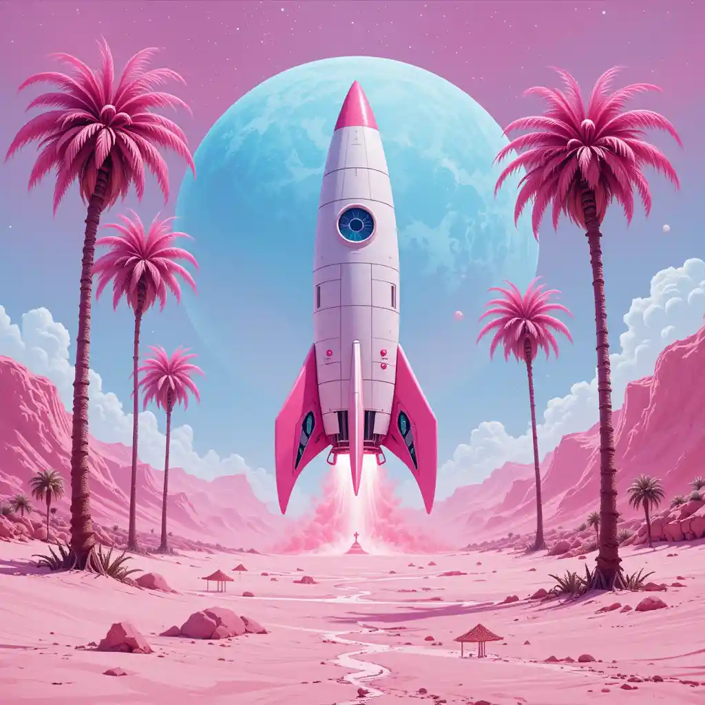 Futuristic rocket on a surreal pink alien beach planet