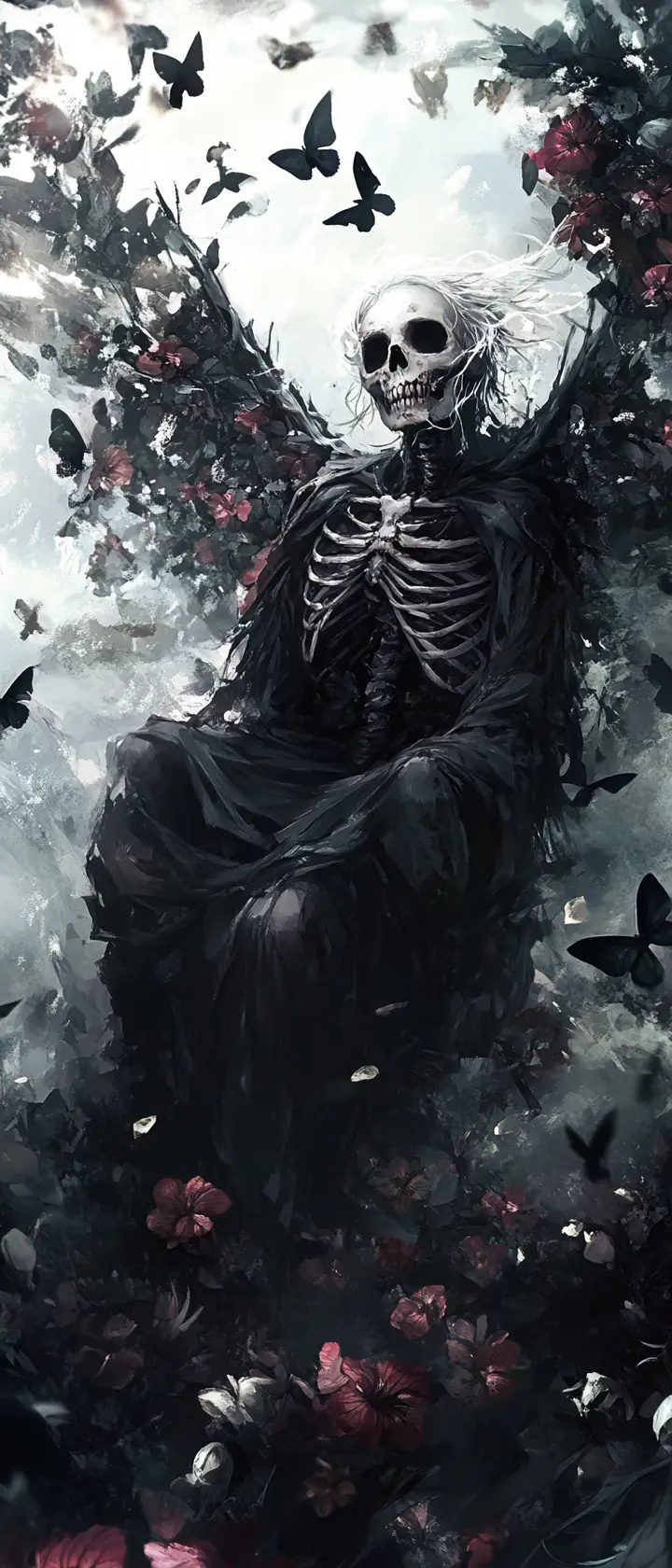 Skeletal fairy in a graveyard of dead flowers and orchids