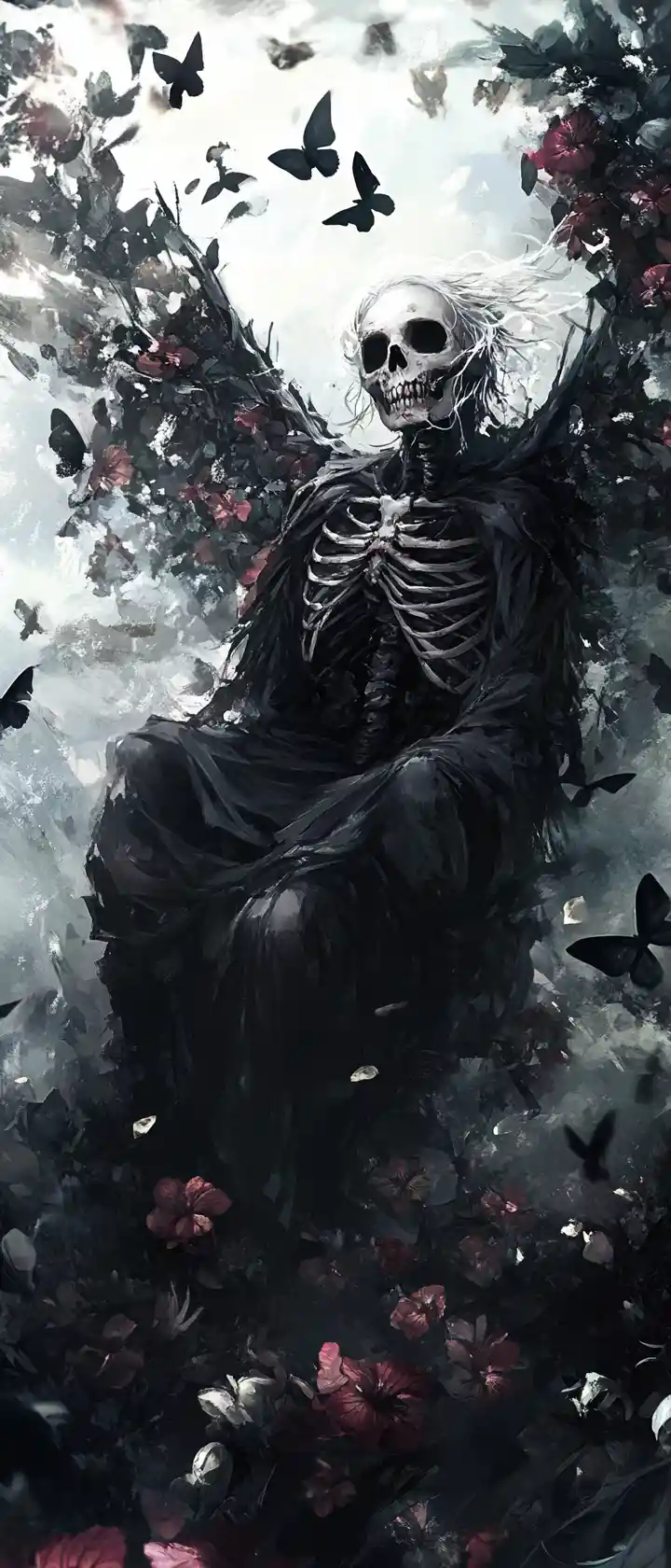 Skeletal fairy in a graveyard of dead flowers and orchids