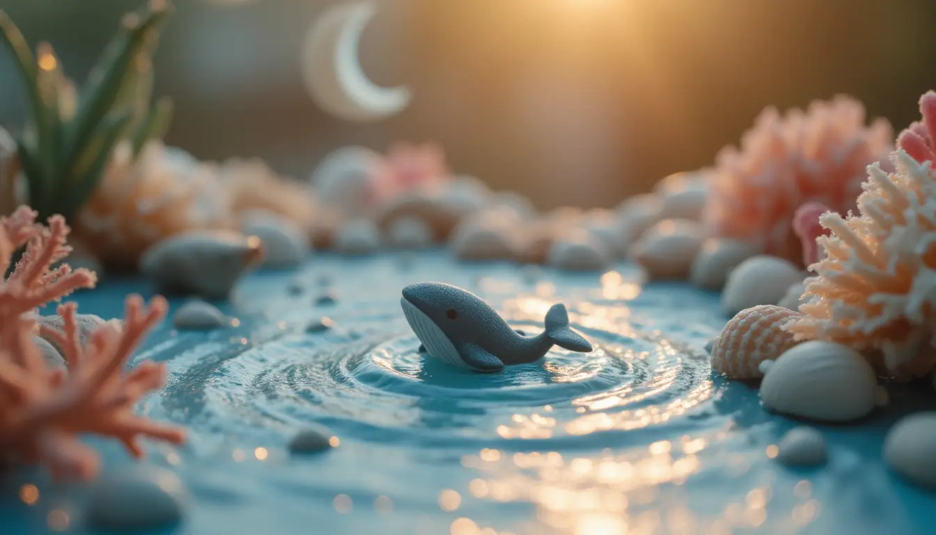 Macro view of a tiny whale in a handmade ocean world