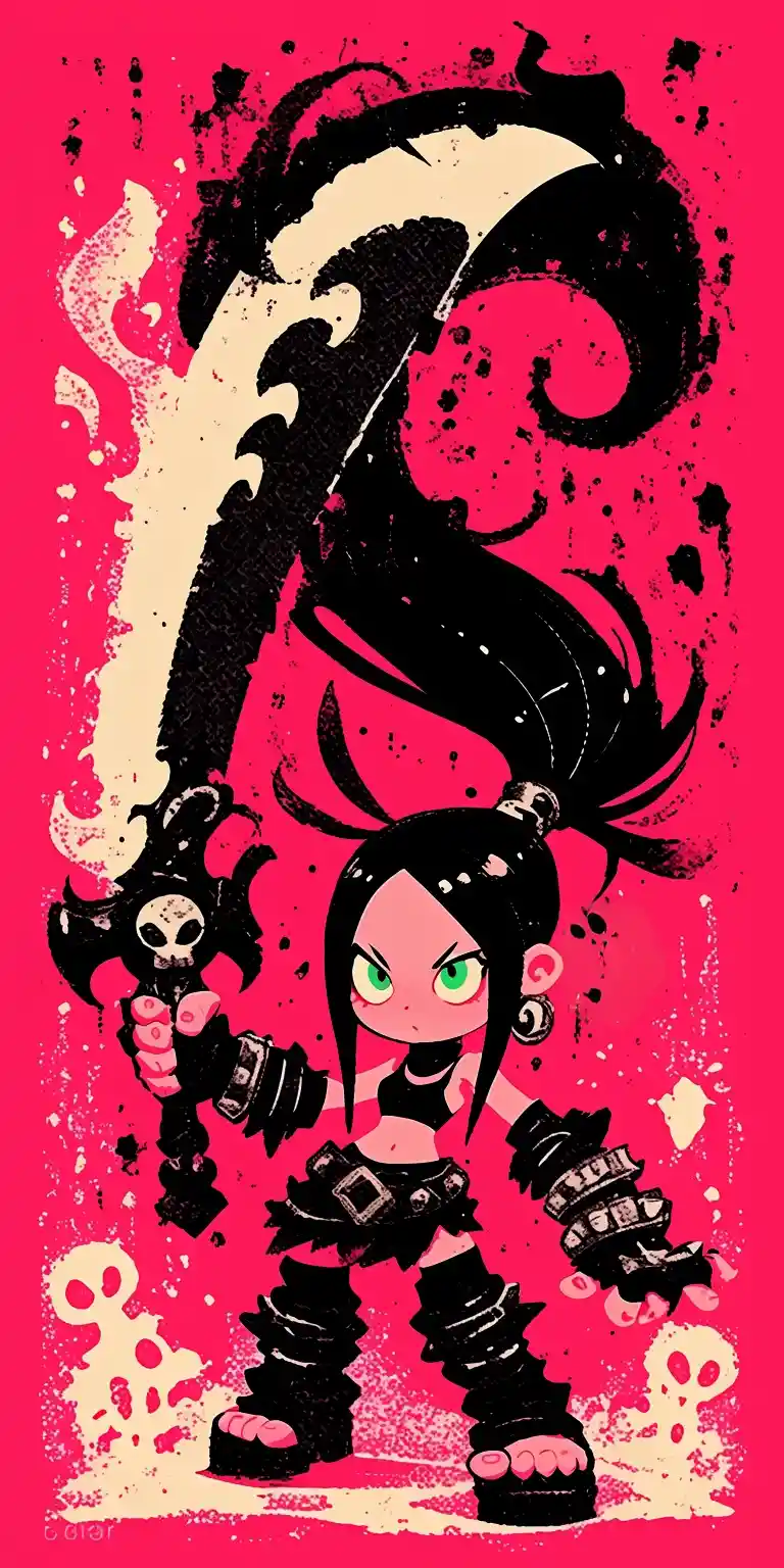 Anime warrior woman with dual scythes on red background