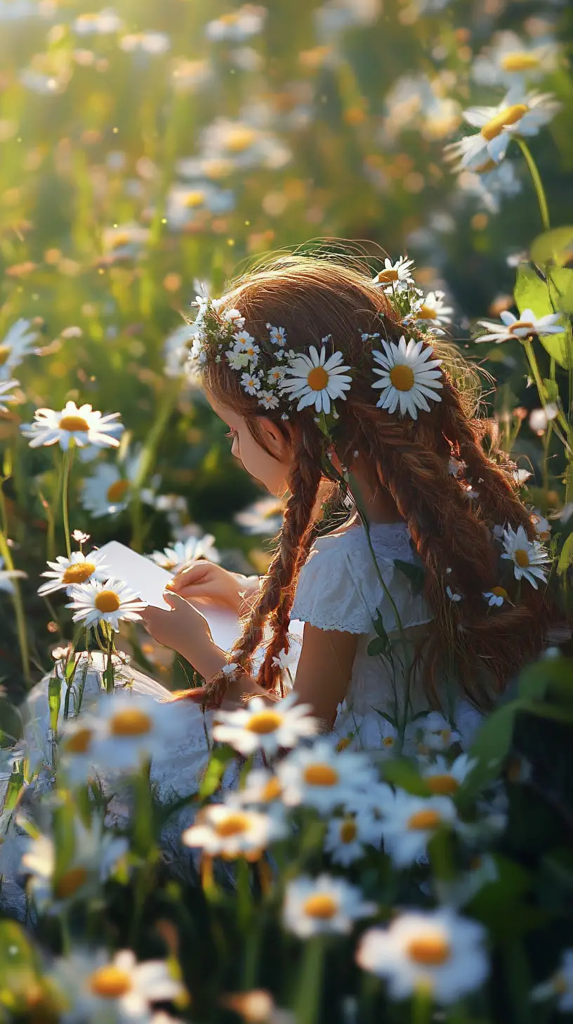Elf girl sitting in a field of daisies crafting magic