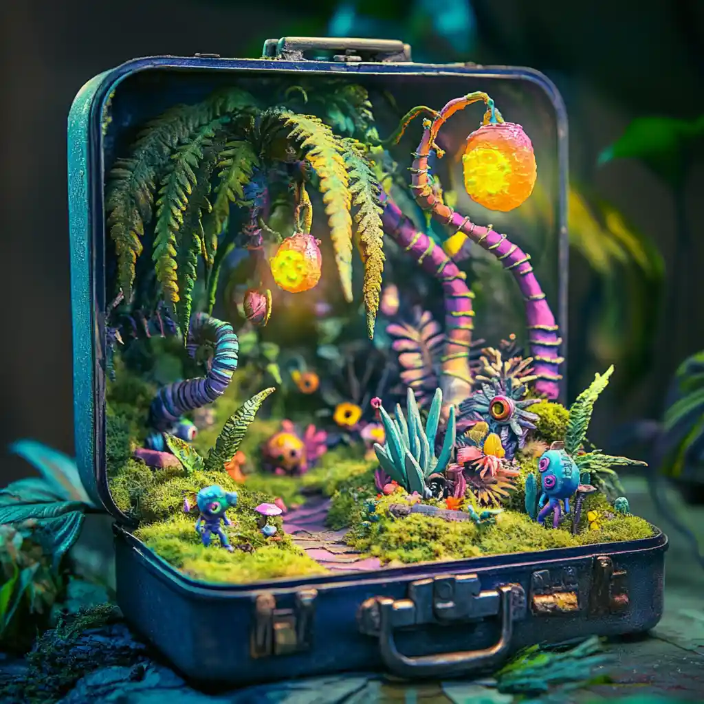 Miniature Alien Jungle Diorama Inside Vintage Metal Lunchbox