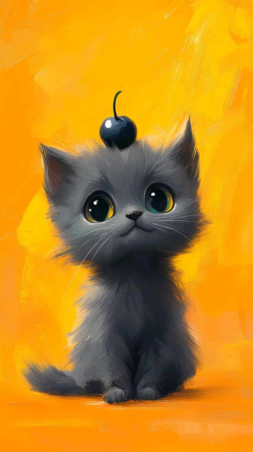 Playful gray kitten with blueberry on its head