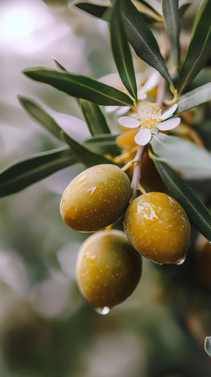 Close up of ripe green olives on fresh olive branch