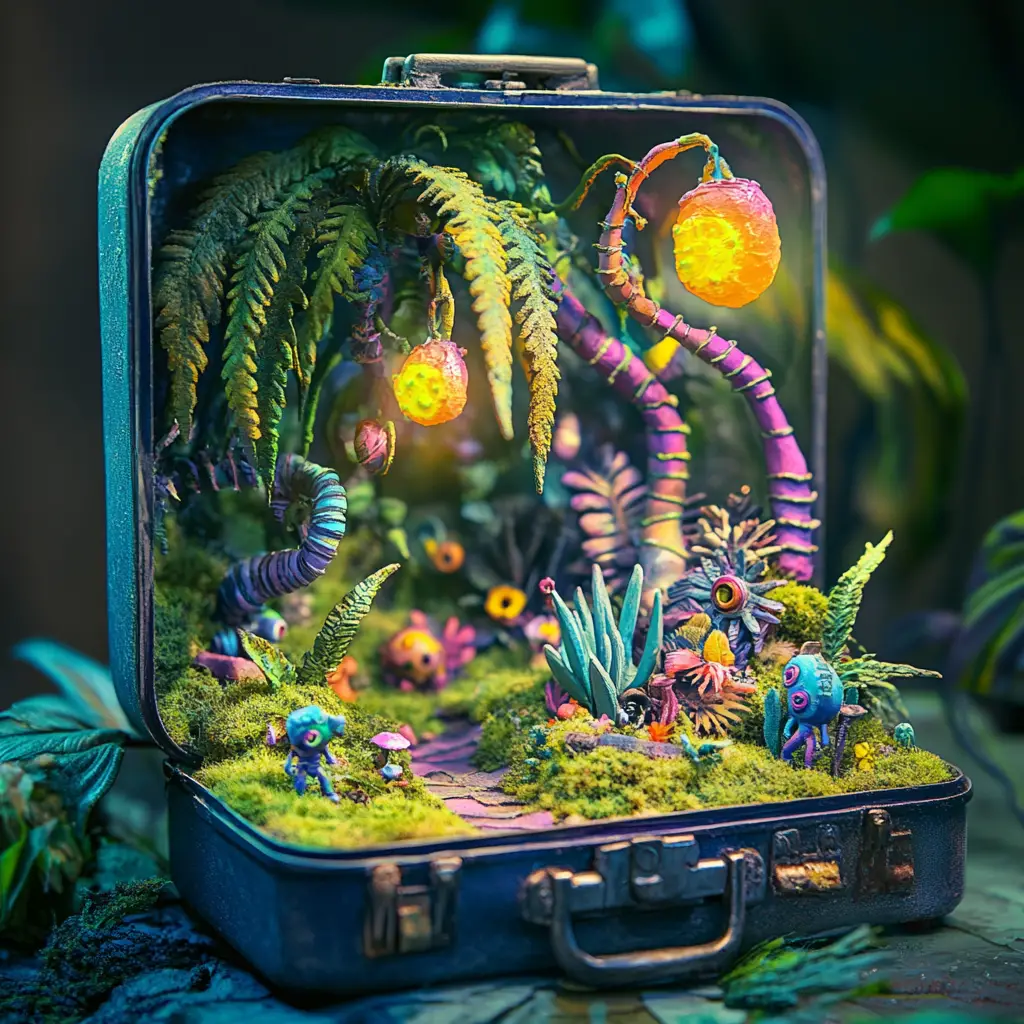 Miniature Alien Jungle Diorama Inside Vintage Metal Lunchbox