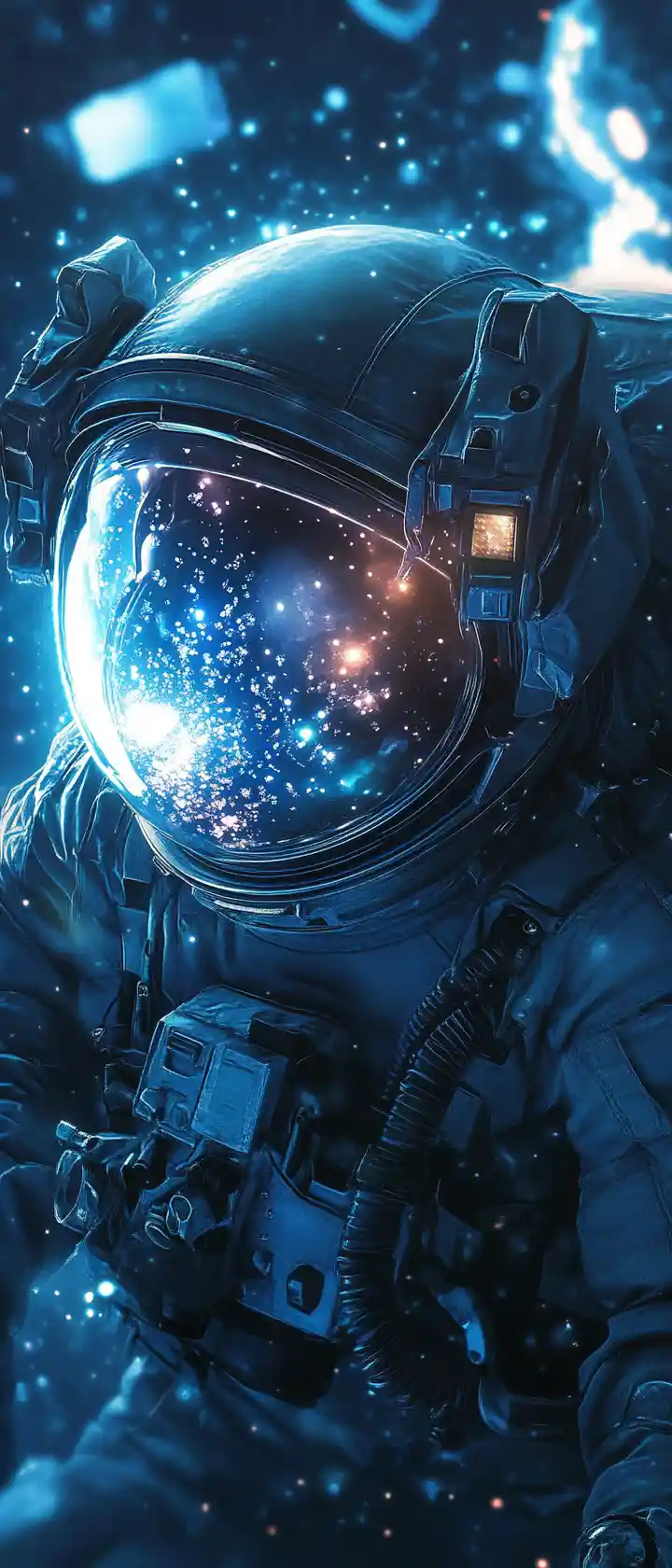 Lonely astronaut removing helmet in silent outer space