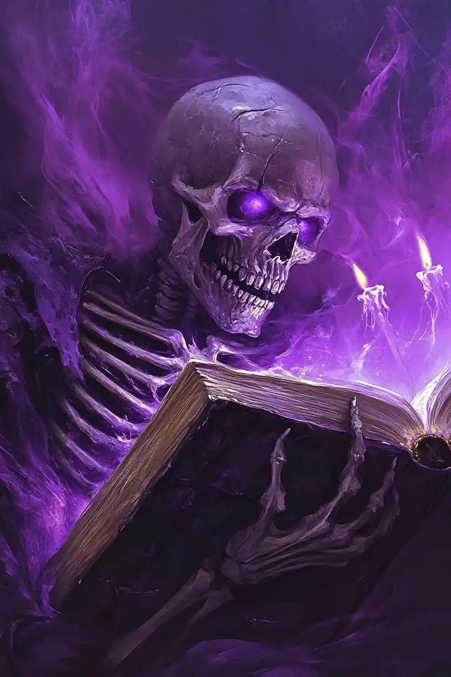 Skeletal undertaker chanting over a cursed ancient tome