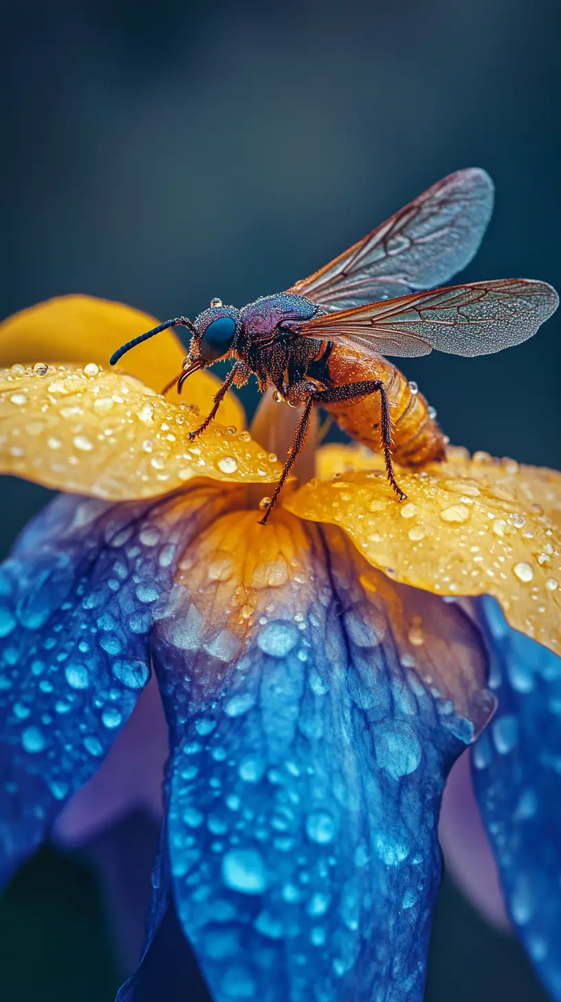 Macro insect on blue yellow blossom with water droplets