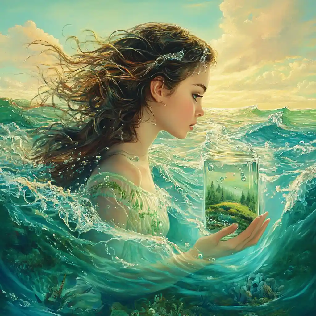 Mystical aquatic goddess rising from a turquoise ocean