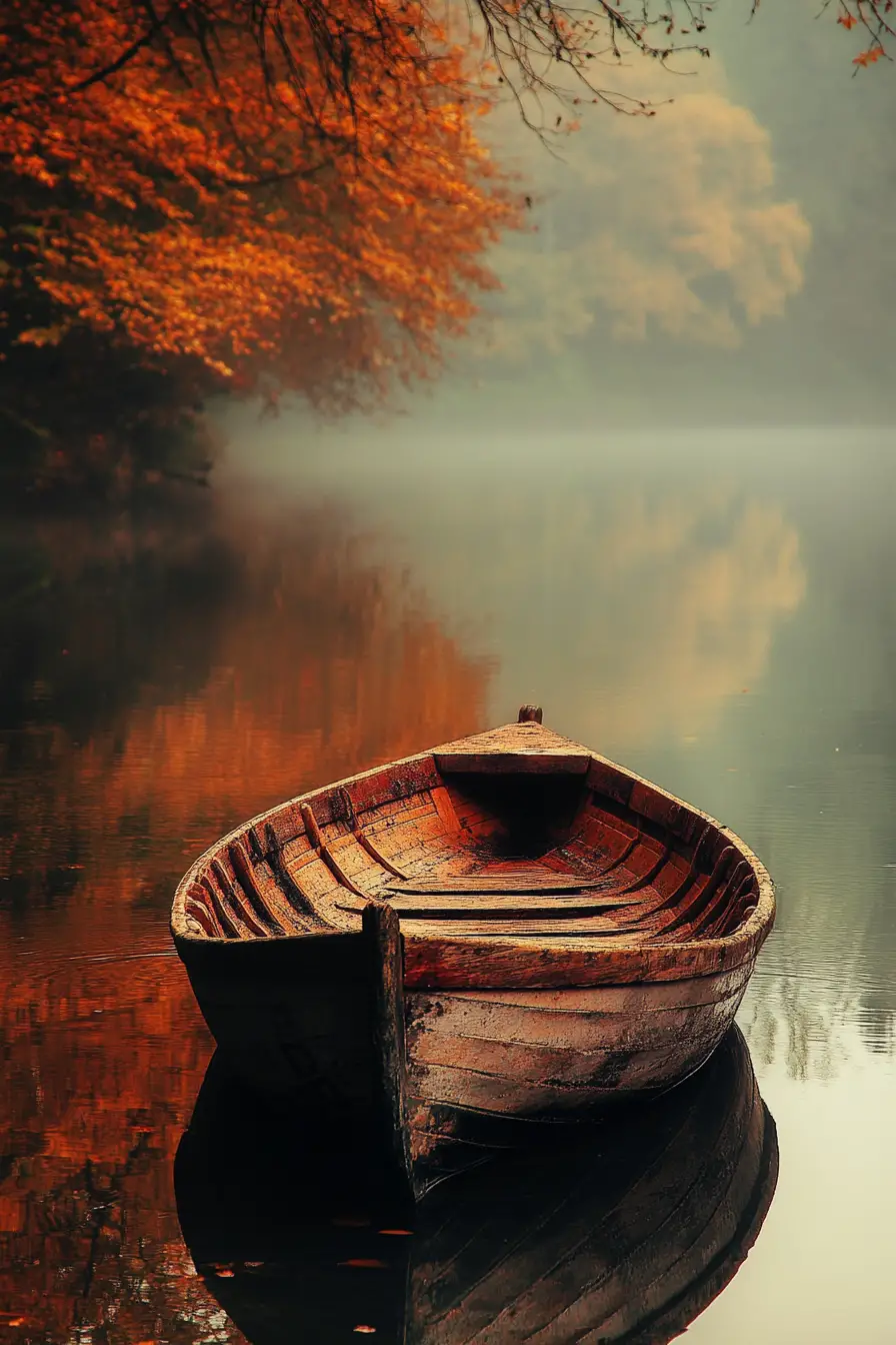 Small fragile boat drifting softly along a quiet river