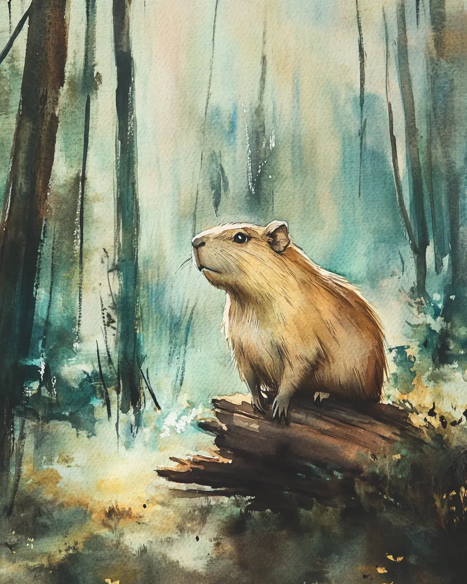 Dreamy watercolor capybara in a whimsical forest