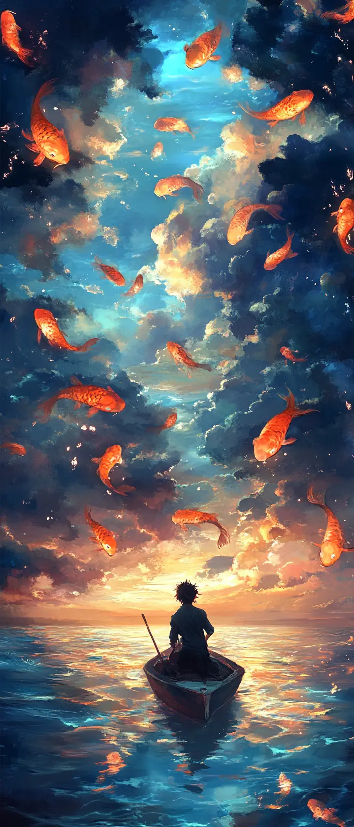 Dying sailor reaching toward a glowing fantasy ocean horizon